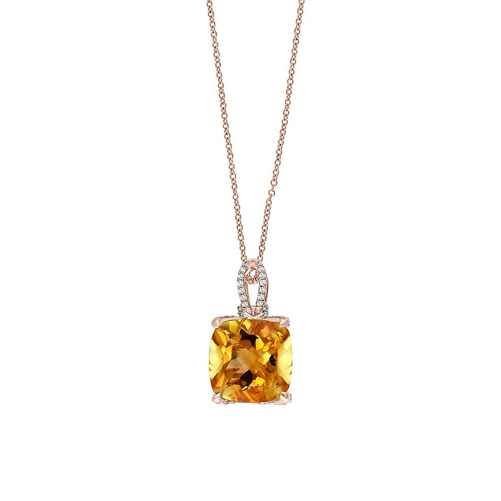 Collier à pendentif en or rose 14 ct avec diamants 0,38 ct PT et citrine sur griffes