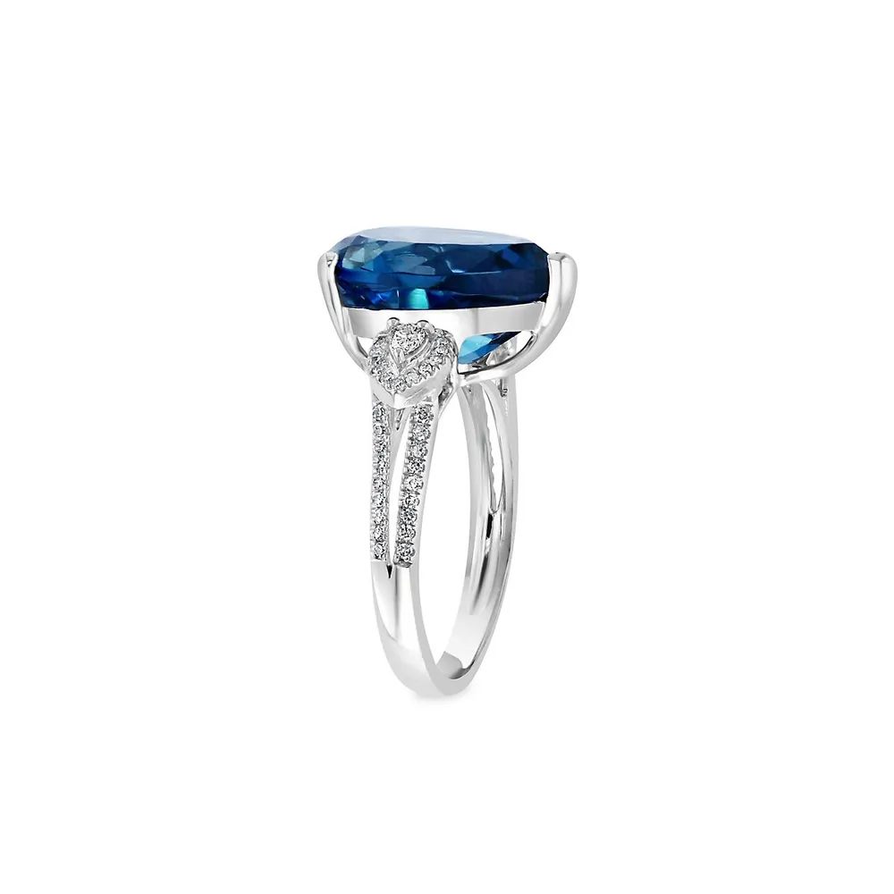 Bague en or blanc 14 ct avec topaze bleue de Londres et diamant rond 0,28 ct PT