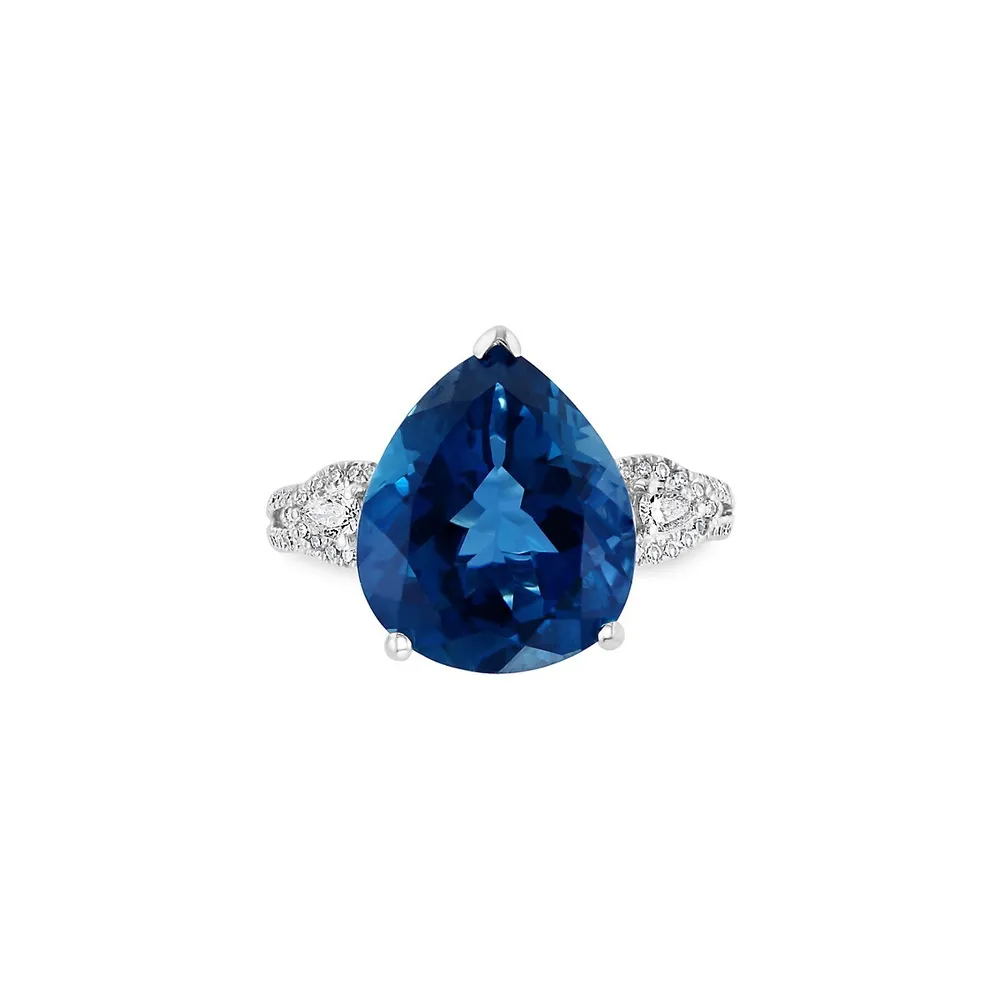 Bague en or blanc 14 ct avec topaze bleue de Londres et diamant rond 0,28 ct PT