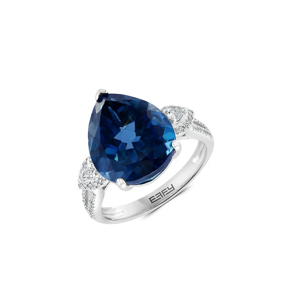 Bague en or blanc 14 ct avec topaze bleue de Londres et diamant rond 0,28 ct PT