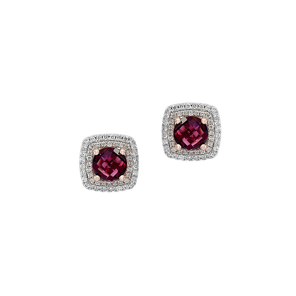 Boutons d'oreilles en or blanc et rose 14 ct avec rhodolites et diamants de 0,35 ct (PT)