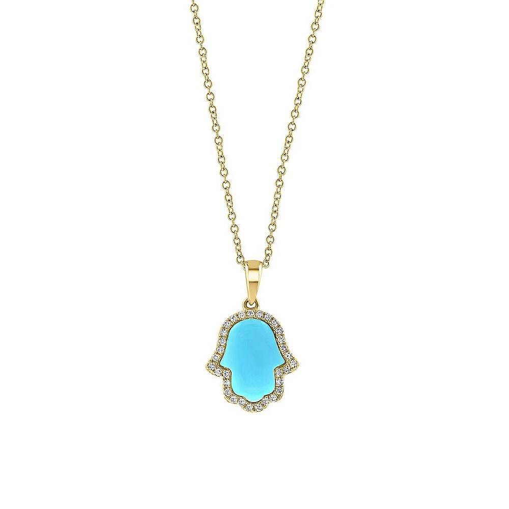 Turquesa 14K Yellow Gold, Turquoise & 0.11 CT. T.W. Diamond Hamsa Pendant Necklace