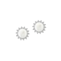 Sterling Silver, 0.09 CT. T.W. Diamond & 7MM Freshwater Pearl Flower Stud Earrings