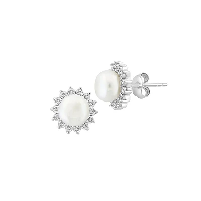 Sterling Silver, 0.09 CT. T.W. Diamond & 7MM Freshwater Pearl Flower Stud Earrings