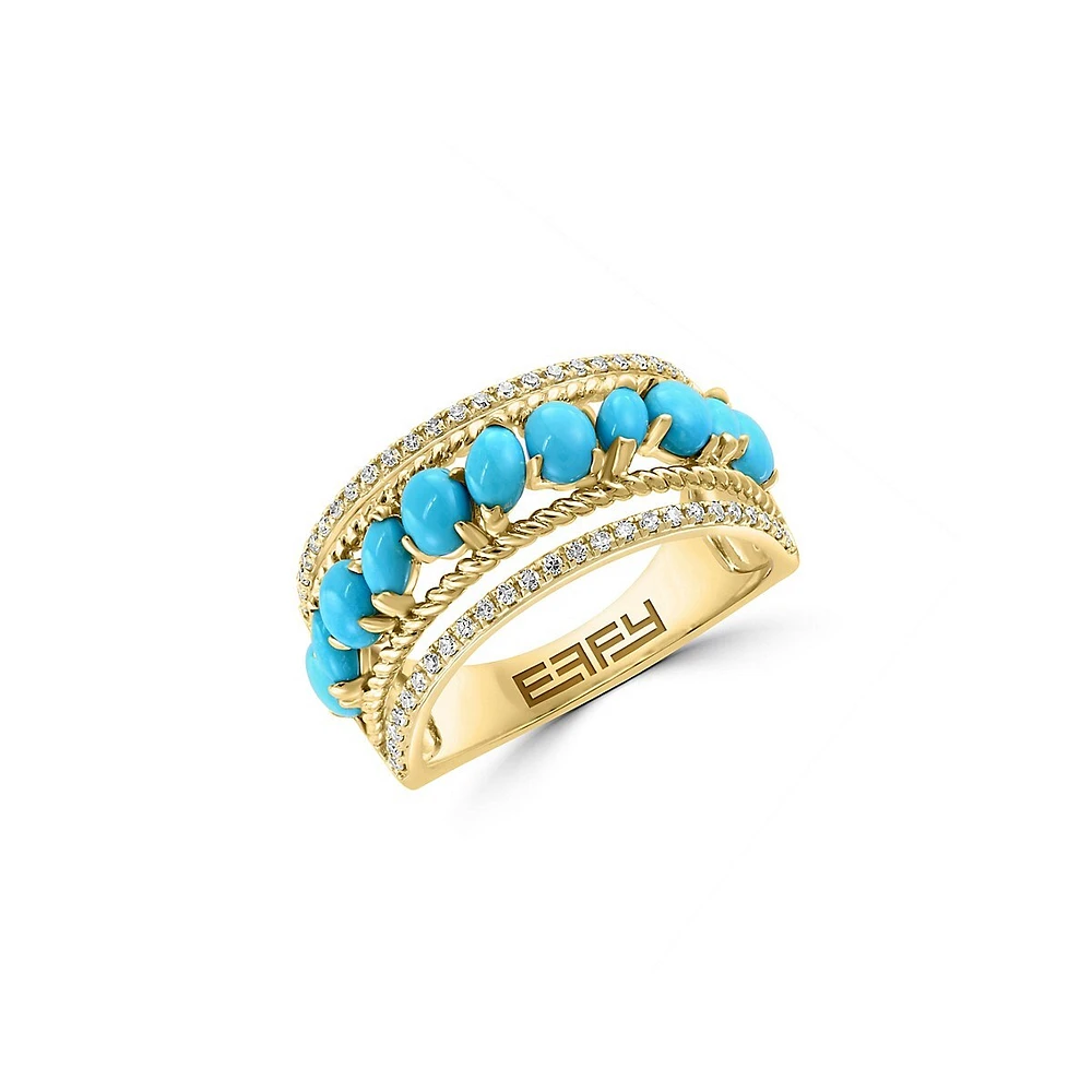 Bague en or jaune 14 carats avec diamants et turquoise de 0,19 carat