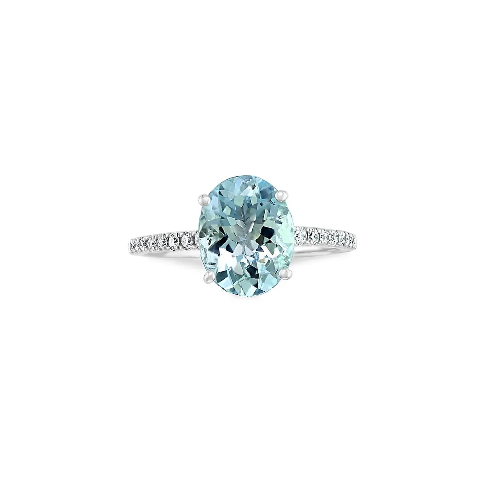 14K White Gold. Aquamarine & 0.17 CT. T.W. Diamond Ring