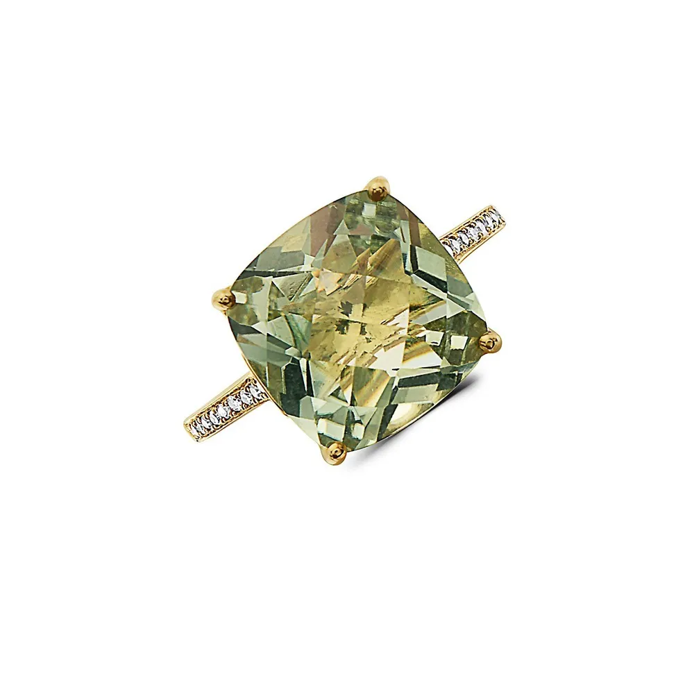 Bague en or jaune 14 ct avec améthyste verte et diamants 0,11 ct PT