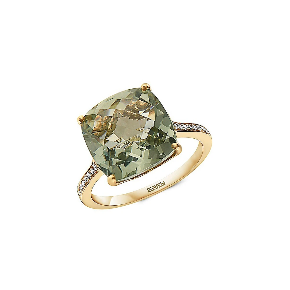 Bague en or jaune 14 ct avec améthyste verte et diamants 0,11 ct PT