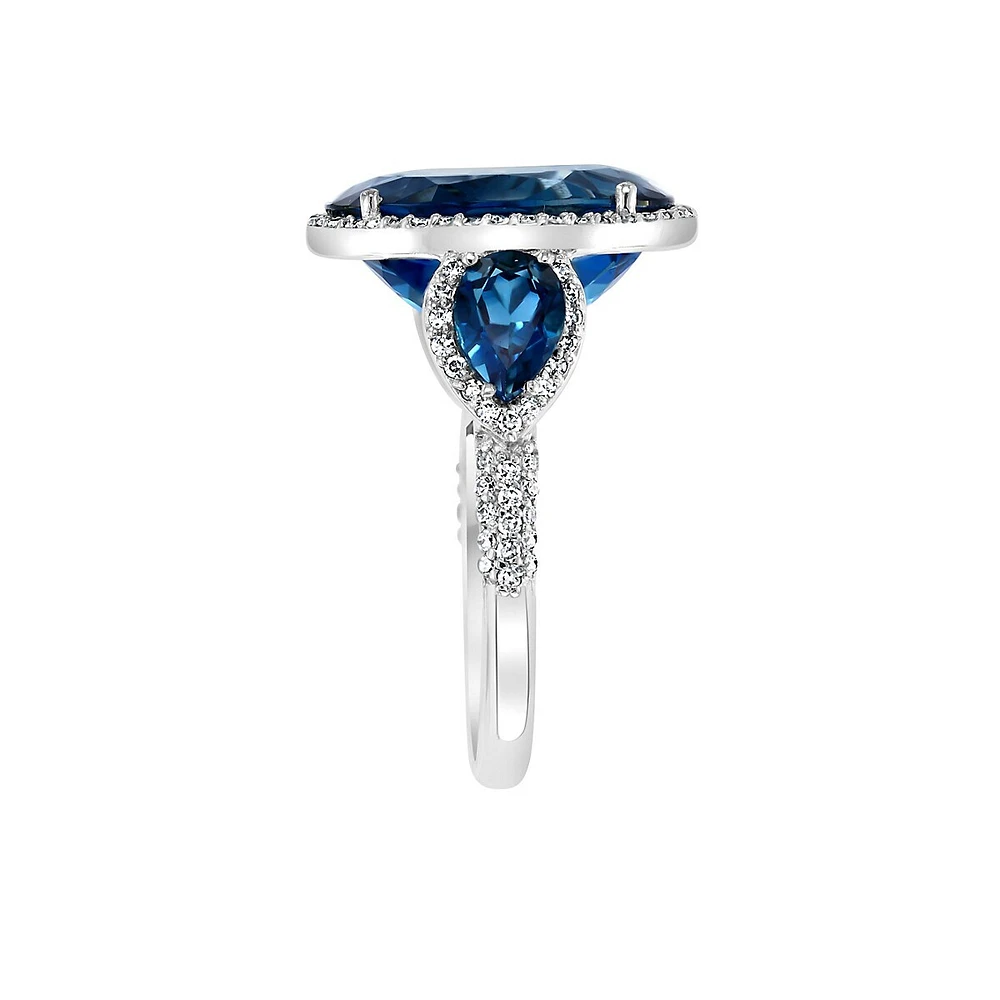 Bague en or blanc 14 carats, topaze bleue de Londres et diamant de 0,5 ct. TW