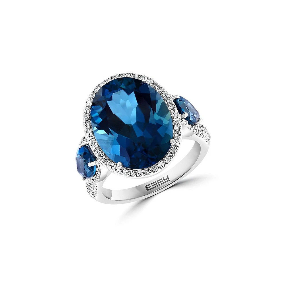 Bague en or blanc 14 carats, topaze bleue de Londres et diamant de 0,5 ct. TW