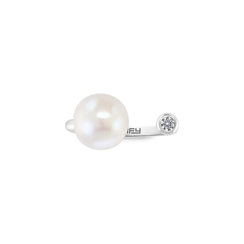 Sterling Silver, 8.5MM Freshwater Pearl & White Sapphire Open Ring