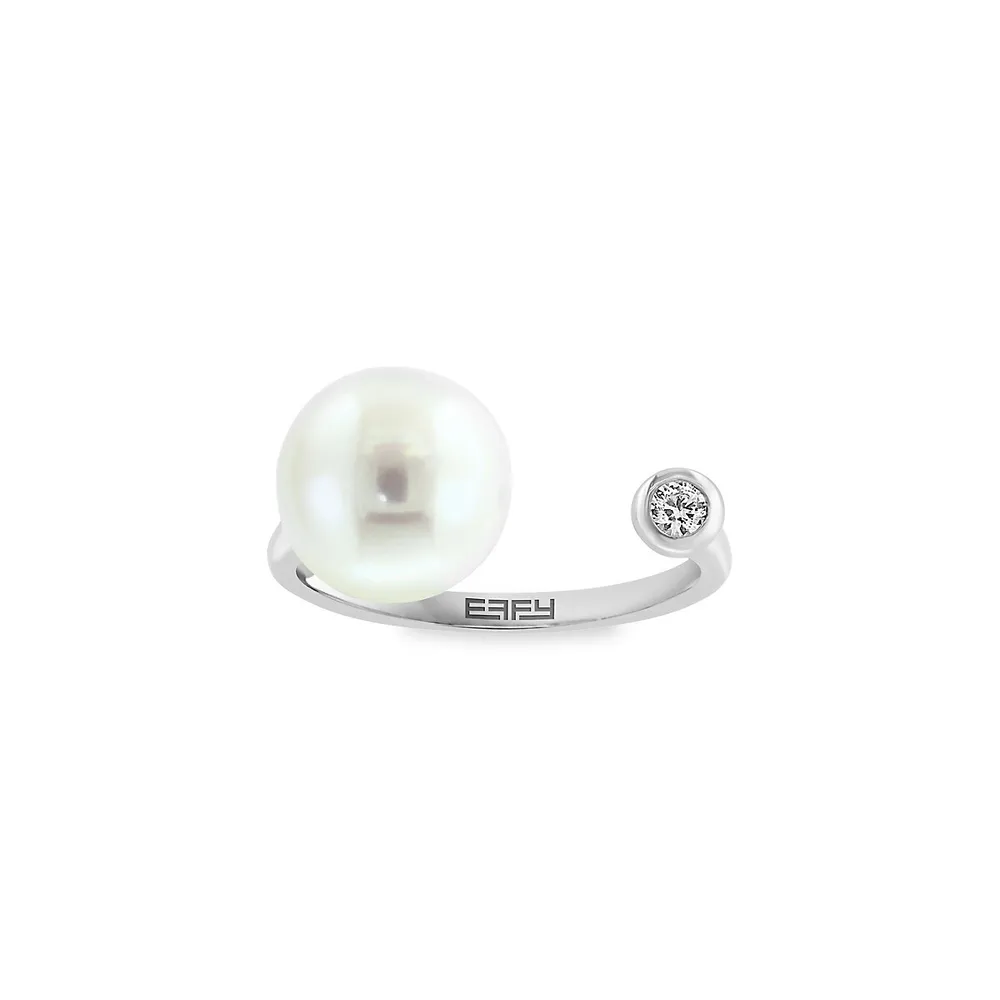 Sterling Silver, 8.5MM Freshwater Pearl & White Sapphire Open Ring