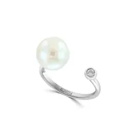 Sterling Silver, 8.5MM Freshwater Pearl & White Sapphire Open Ring