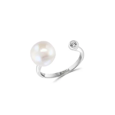 Bague ouverte en argent sterling avec perle d'eau douce de 8,5 mm et saphir blanc