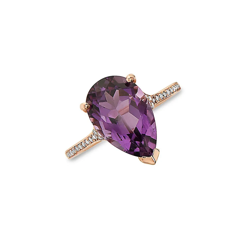 14K Rose Gold, 0.12 CT. T.W. Diamond, & Teardrop Amethyst Ring