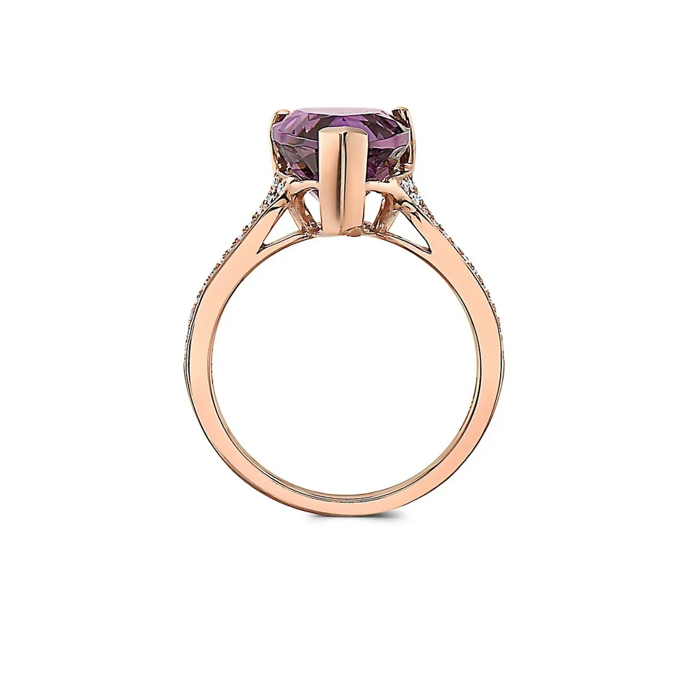 Bague en or rose 14 ct avec diamant 0,12 ct PT et améthyste en forme de goutte