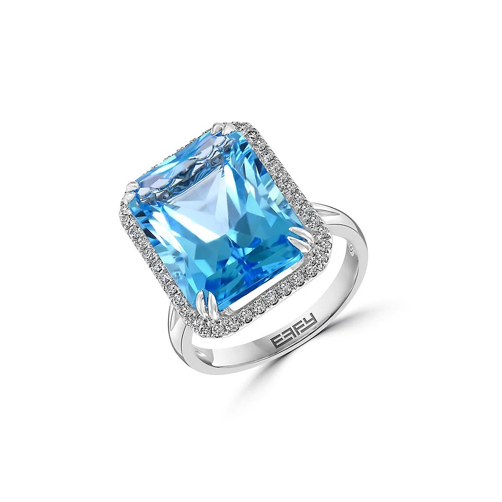 Bague en or blanc 14 ct avec topaze bleue et diamants de 0,28 ct (PT)