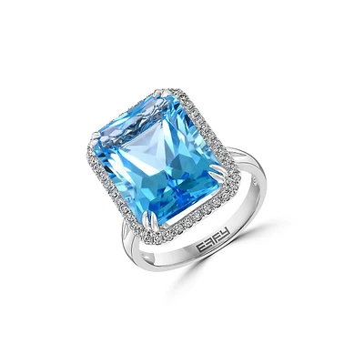 Bague en or blanc 14 ct avec topaze bleue et diamants de 0,28 ct (PT)