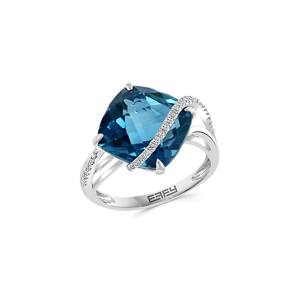 Bague en or blanc 14 ct avec topaze bleue de Londres et diamants 0,11 ct PT