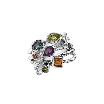 Sterling Silver, 0.08 CT. T.W. Diamond & 5-Gem Tiered Cocktail Ring