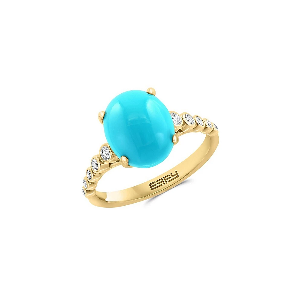 Bague Turquesa en or jaune 14 ct avec diamants 0,18 ct PT et turquoise