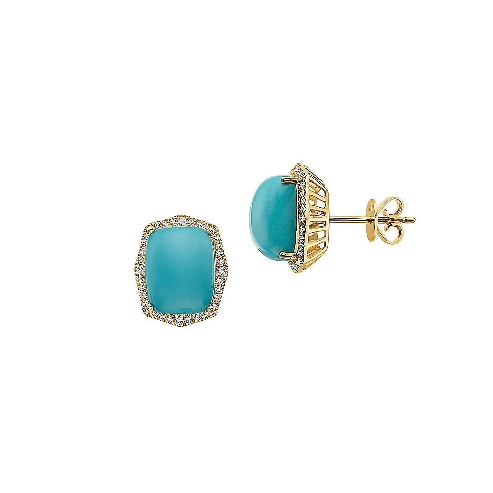 Boutons d'oreilles en or jaune 14 ct avec diamants de 0,24 ct (PT) et turquoises en halo