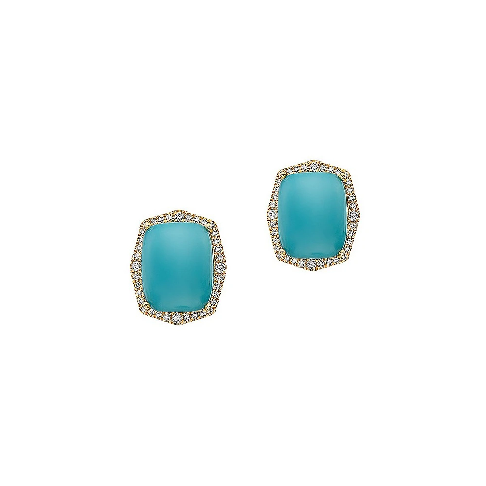 Boutons d'oreilles en or jaune 14 ct avec diamants de 0,24 ct (PT) et turquoises en halo