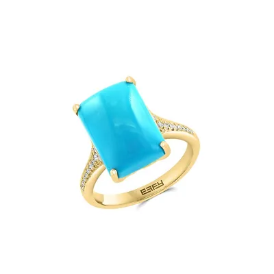 Bague en or jaune 14 ct à turquoise et à diamants 0,13 ct PT