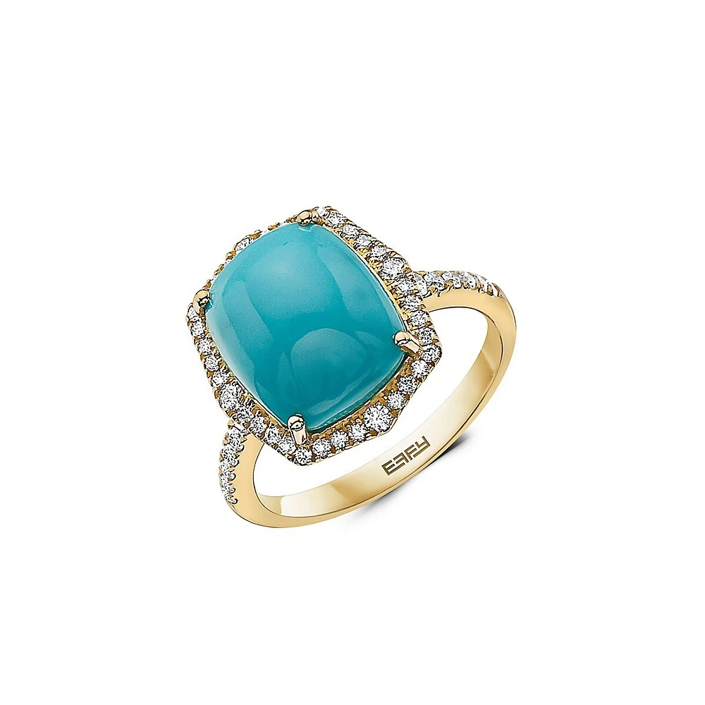 Bague en or jaune 14 ct avec turquoise et diamants de 0,37 ct (PT).