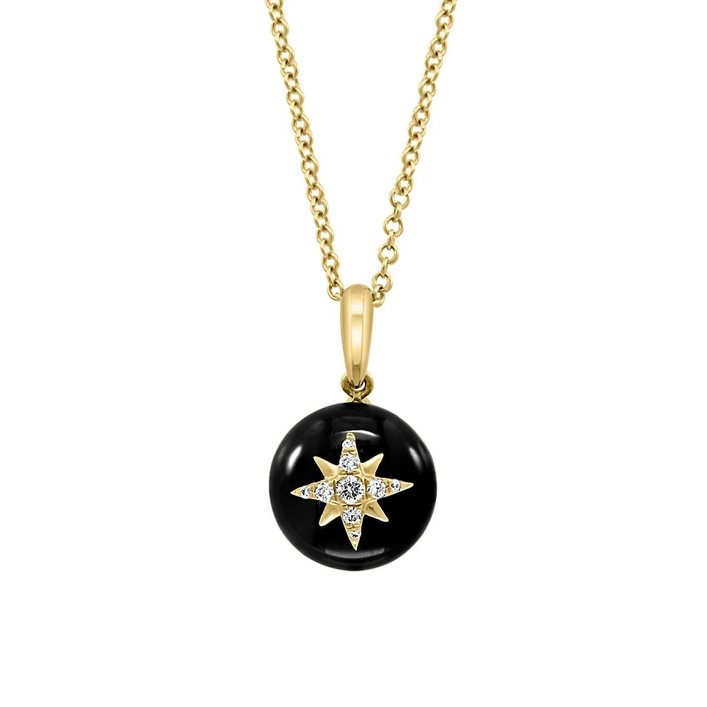 Collier avec pendentif en forme d'étoile circulaire en or jaune 14 carats, onyx et diamants de 0,05 ct. TW