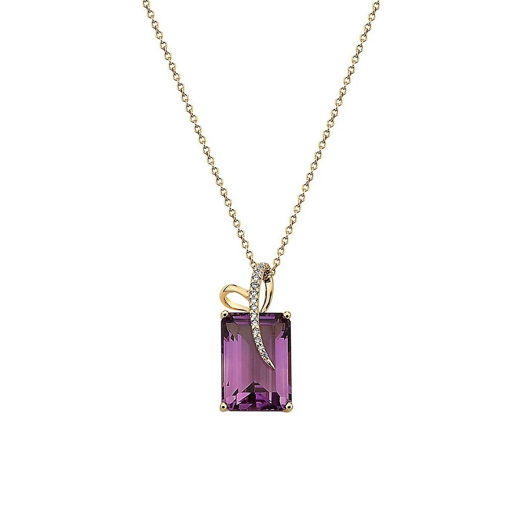 Collier à pendentif en or rose 14 ct avec diamant 0,06 ct PT et améthyste rectangulaire