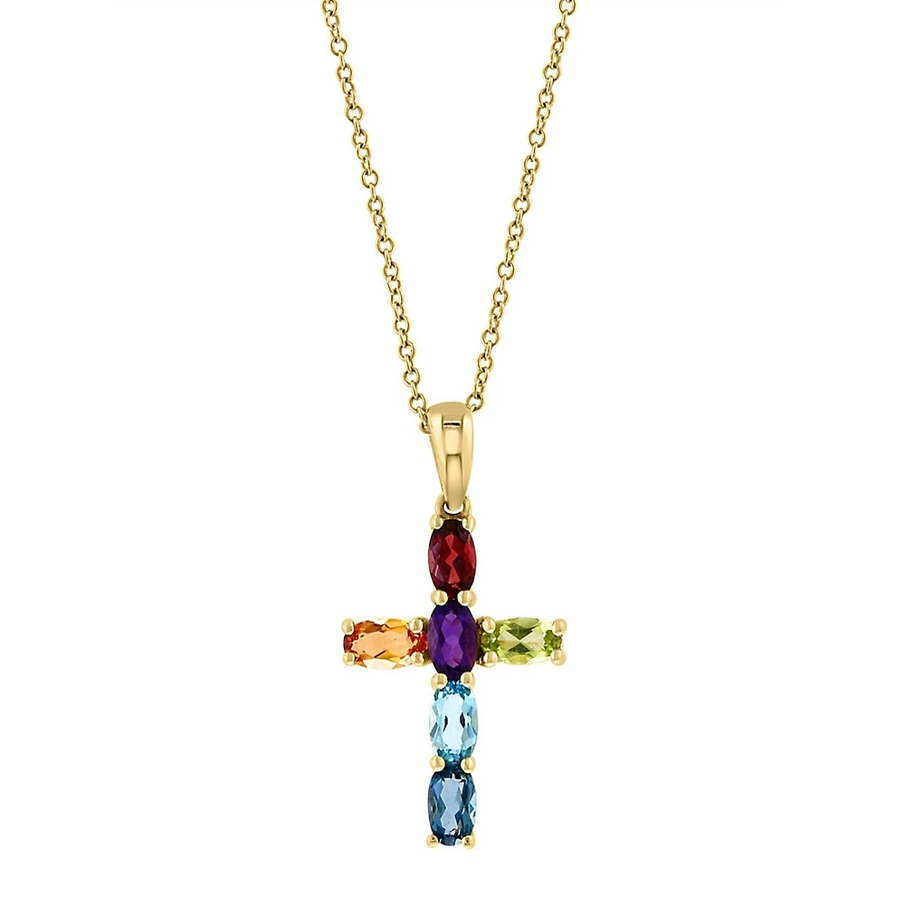 14K Yellow Gold Multi-Gemstone Cross Pendant Necklace