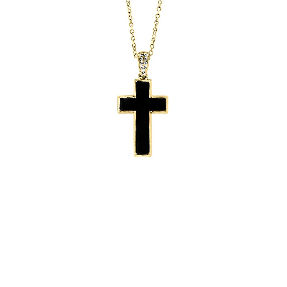 Collier à pendentif en forme de croix en or jaune 14 ct avec onyx et diamants 0,04 ct PT