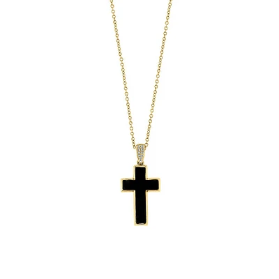 Collier à pendentif en forme de croix en or jaune 14 ct avec onyx et diamants 0,04 ct PT