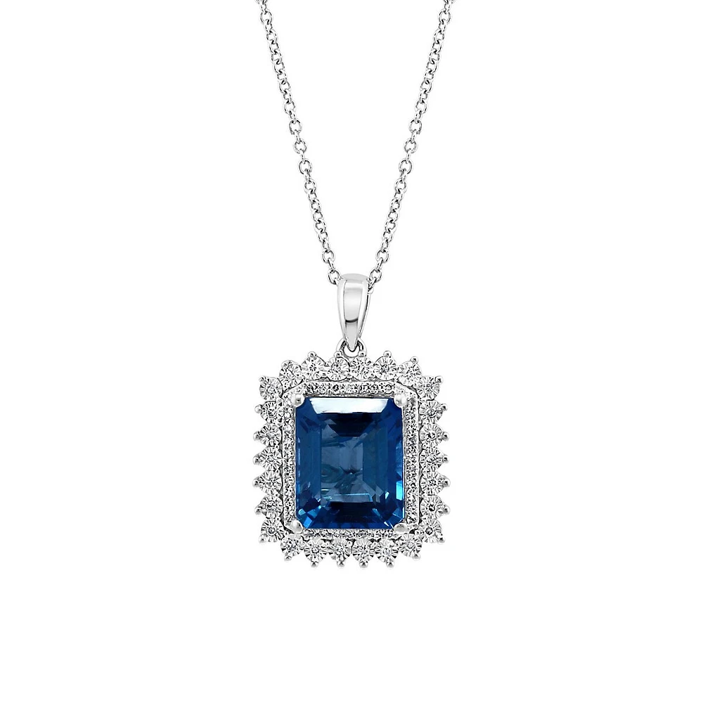 Collier avec pendentif en or blanc 14 carats, topaze bleue de Londres et diamant de 0,26 ct. TW