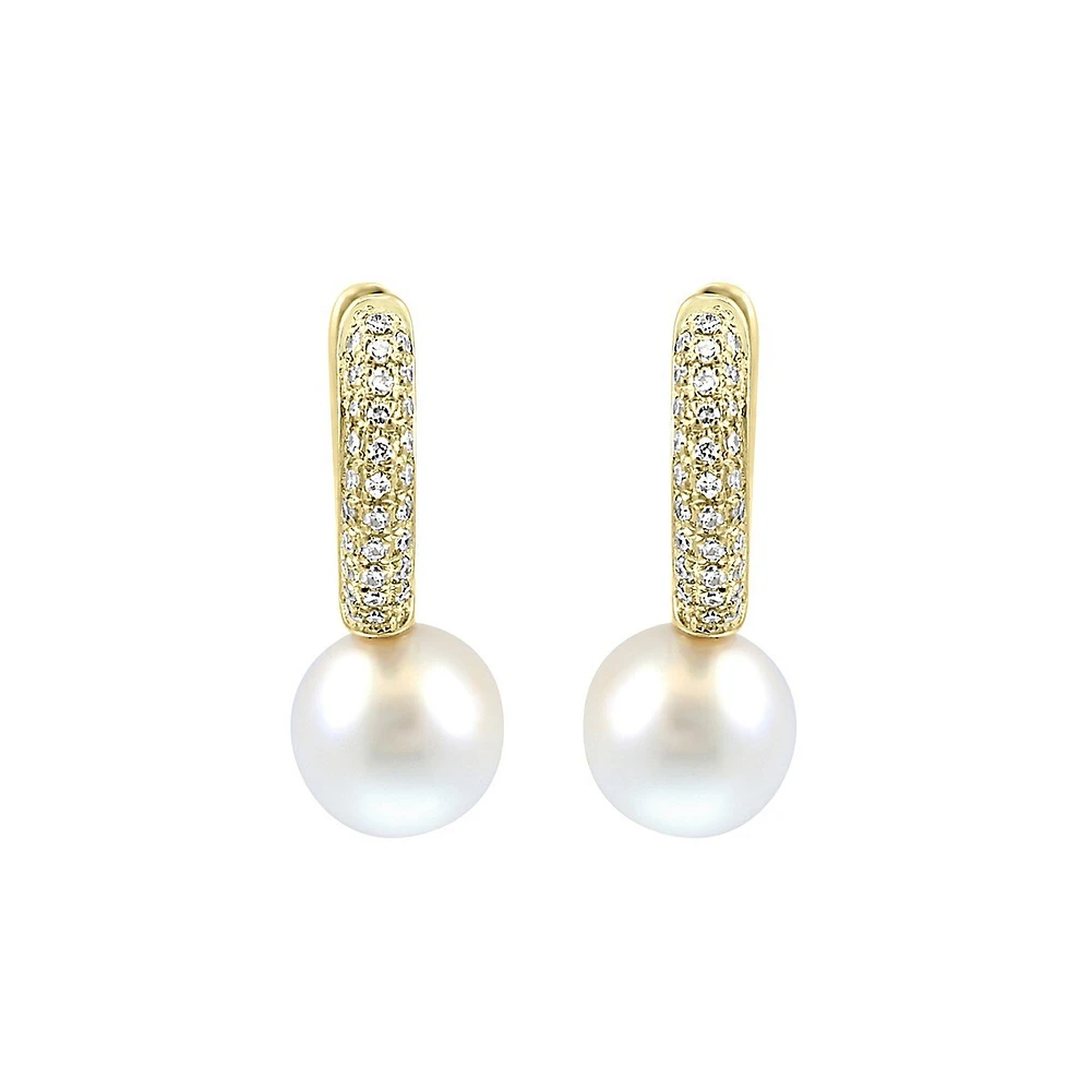 Boucles d'oreilles créoles en argent sterling plaqué or, diamants de 0,18 carat et perles de 6 mm