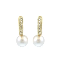 Boucles d'oreilles créoles en argent sterling plaqué or, diamants de 0,18 carat et perles de 6 mm