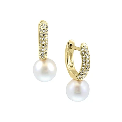 Boucles d'oreilles créoles en argent sterling plaqué or, diamants de 0,18 carat et perles de 6 mm