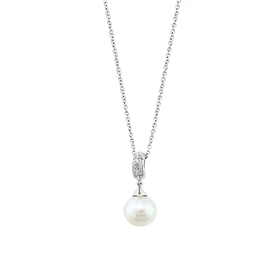 Sterling Silver, 0.05 CT.T.W. Diamond & 8.5MM Freshwater Pearl Pendant Necklace