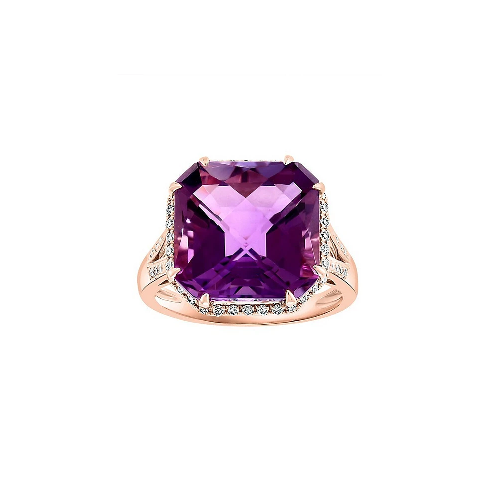 Bague en or rose 14 ct avec améthyste et diamants de 0,22 ct (PT)