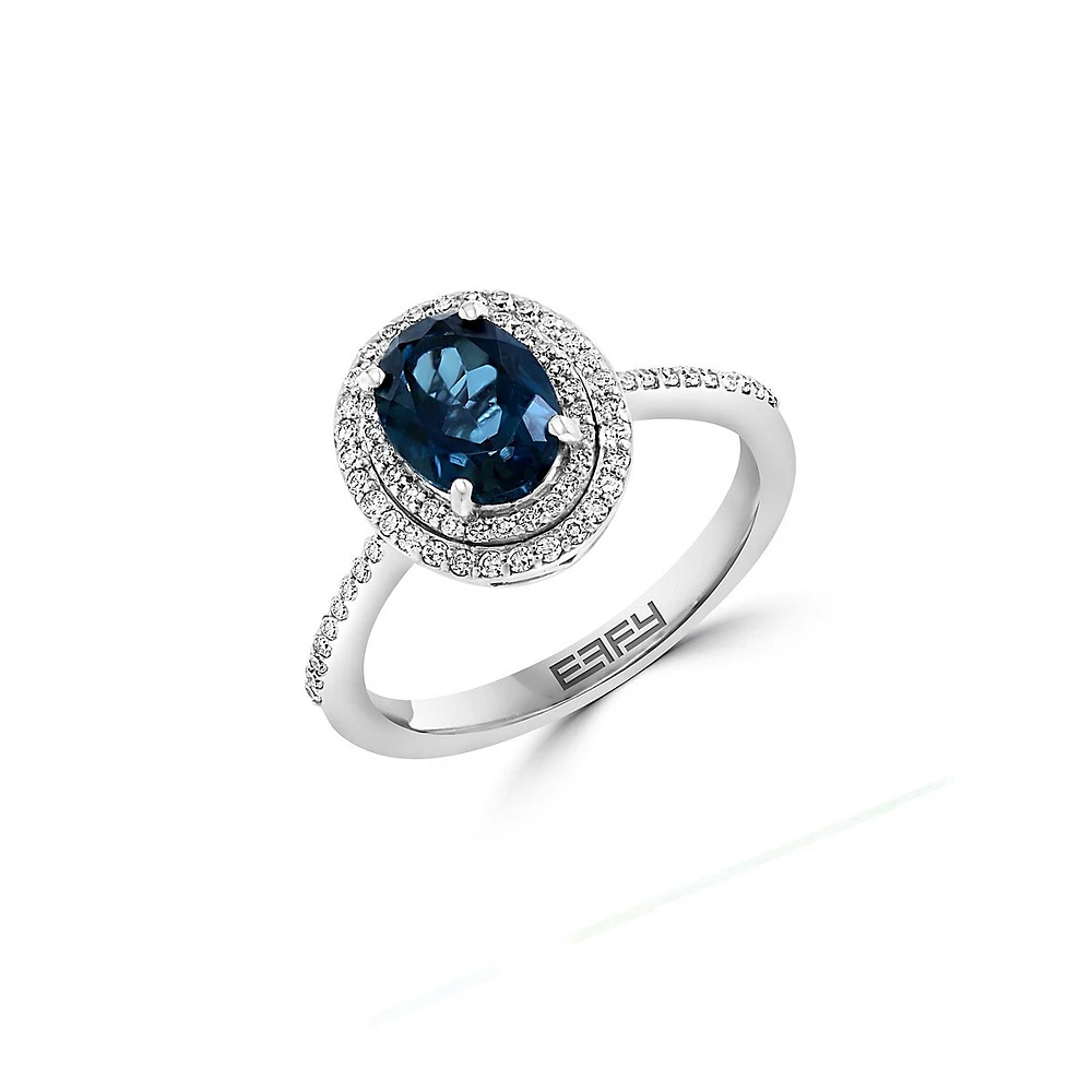 Bague en or blanc 14 carats, topaze bleue de Londres et diamant de 0,26 ct. TW