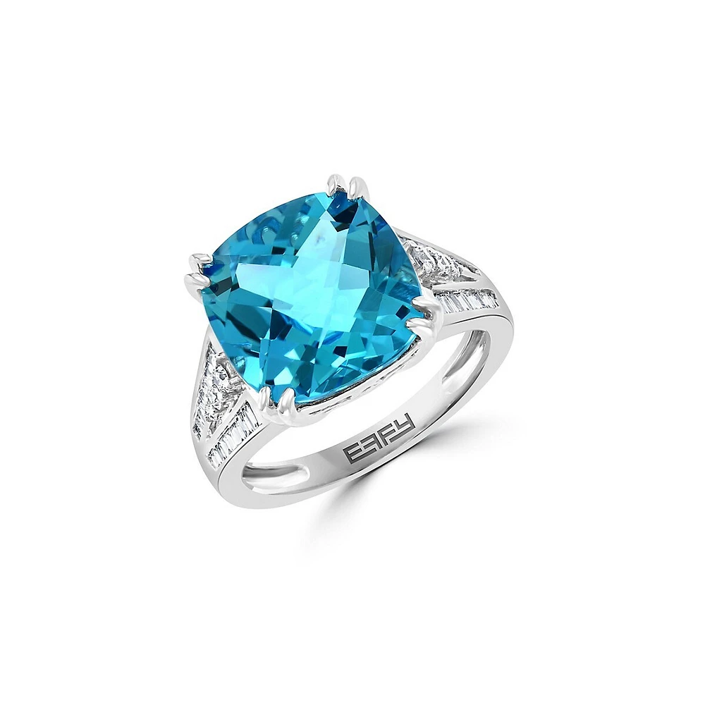 Bague en or blanc 14 ct avec topaze bleue et diamants de 0,35 ct (PT