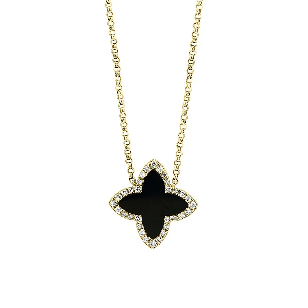 Collier en or jaune 14 ct avec pendentif de trèfle à quatre feuilles en onyx et diamant 0,11 ct PT