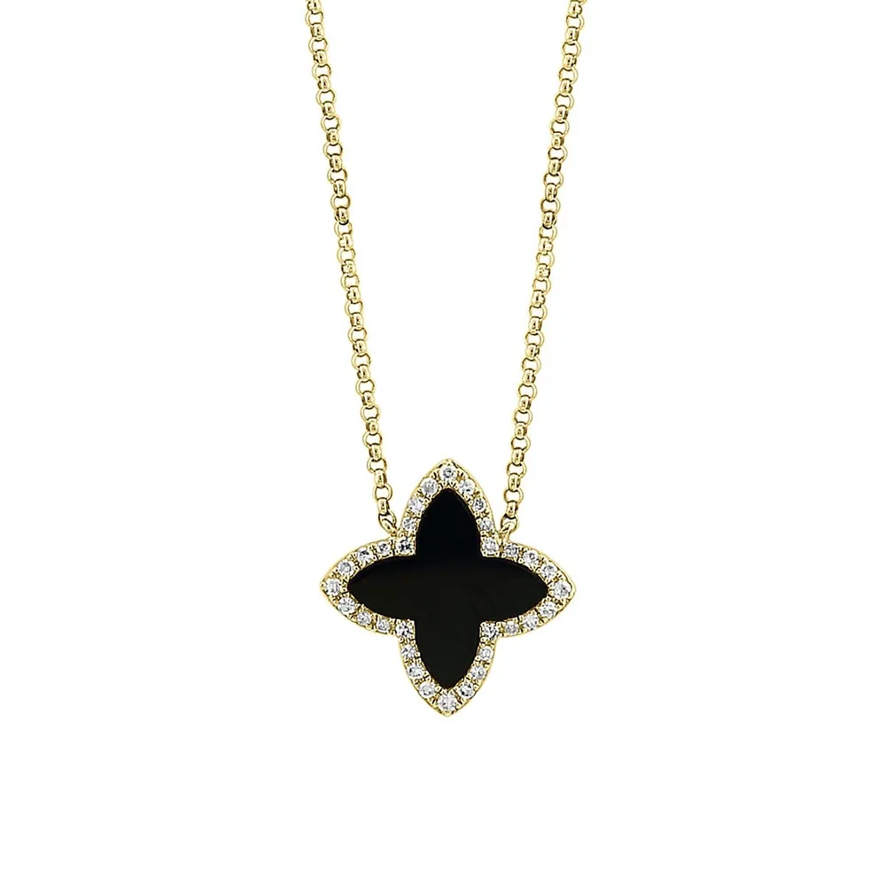 Collier en or jaune 14 ct avec pendentif de trèfle à quatre feuilles en onyx et diamant 0,11 ct PT