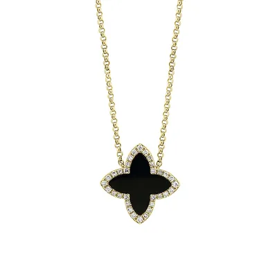14K Yellow Gold, 0.11 CT. T.W. Diamond & Onyx Quatrefoil Pendant Necklace