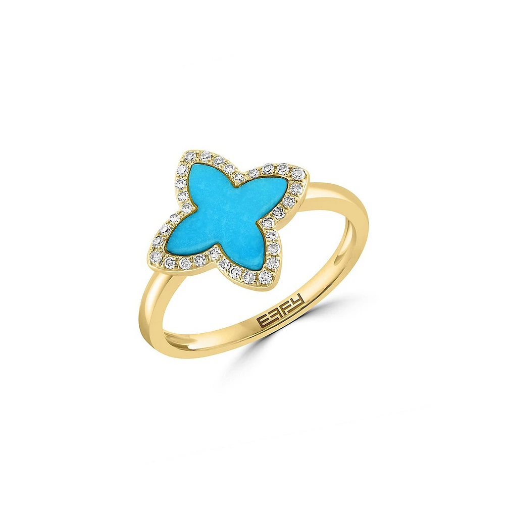 Bague en or jaune 14 ct avec croix ornée d'une turquoise et de diamants de 0,11 ct (PT)