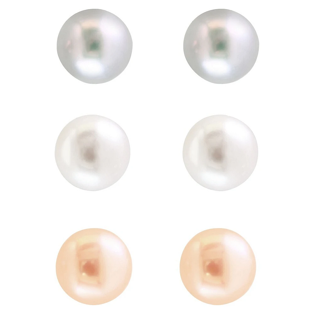 3-Piece Sterling Silver & 8MM Freshwater Pearl Stud Earring Set