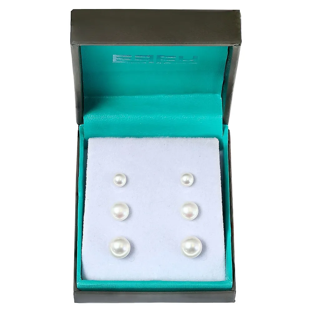 3-Piece Sterling Silver & 6MM-10MM Freshwater Pearl Stud Earring Set