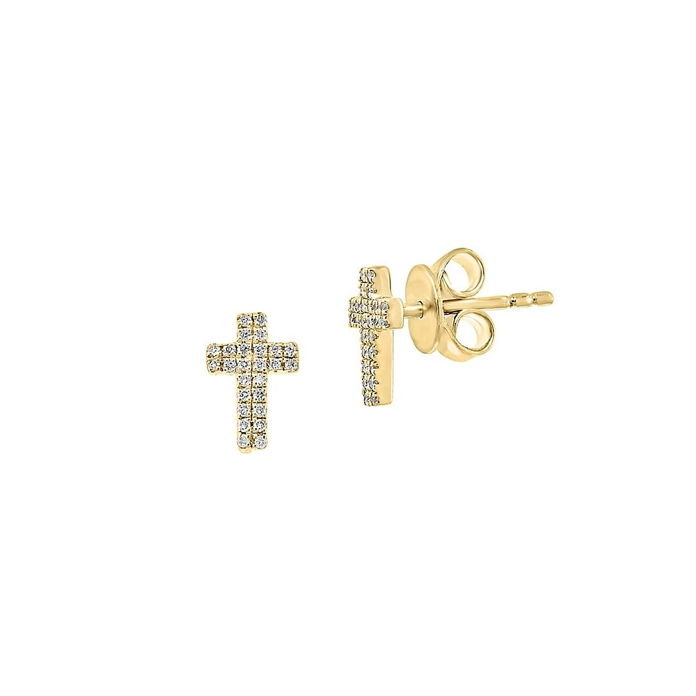 Yellow Gold Over Sterling Silver & 0.15 CT. T.W. Diamond Cross Stud Earrings