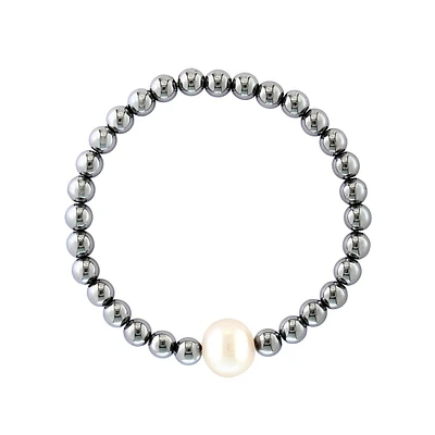 Men's Hematite & 8MM Freshwater Pearl Hemaite Beaded Stretch Bracelet